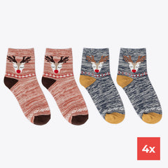 4er Set Damensocken Rentier Design rosa & grau meliert