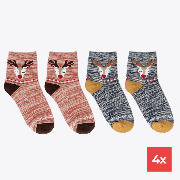 Set of 4 women's socks reindeer design pink &amp; gray mottled
