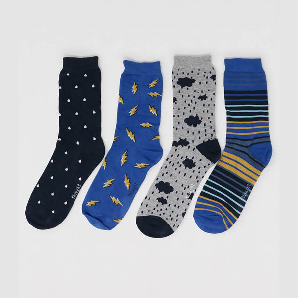 Thought box of 4 men's bamboo socks pattern clouds &amp; lightning